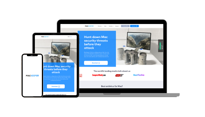 Screenshot of MacKeeper vendor user interface on smartphone, tablet, and desktop