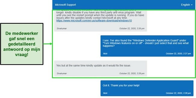Screenshot van live chat met een Windows Advisor