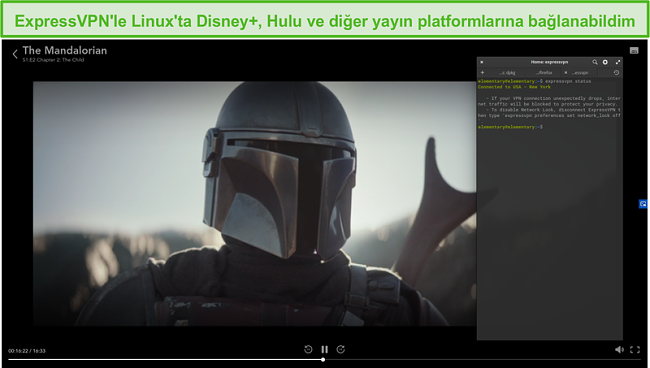 Disney + ABD'den The Mandalorian'ın engelini kaldıran Linux'ta ExpressVPN'in ekran görüntüsü.