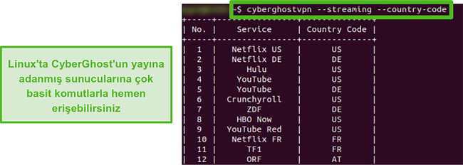 CyberGhost'un Linux'taki özel akış sunucularının ekran görüntüsü.