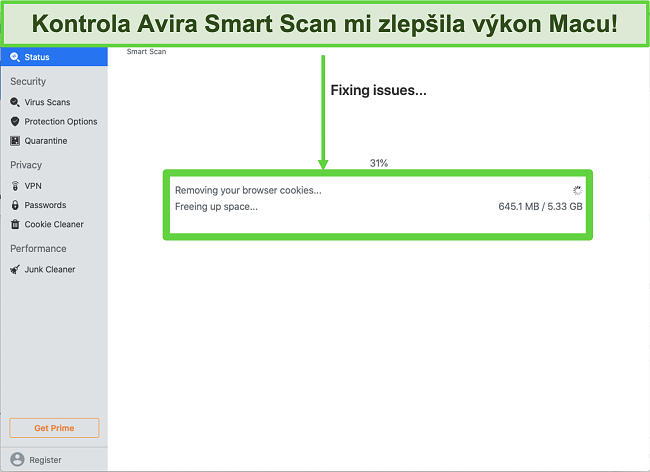 Screenshot z Avira Smart Scan běžícího na Macu