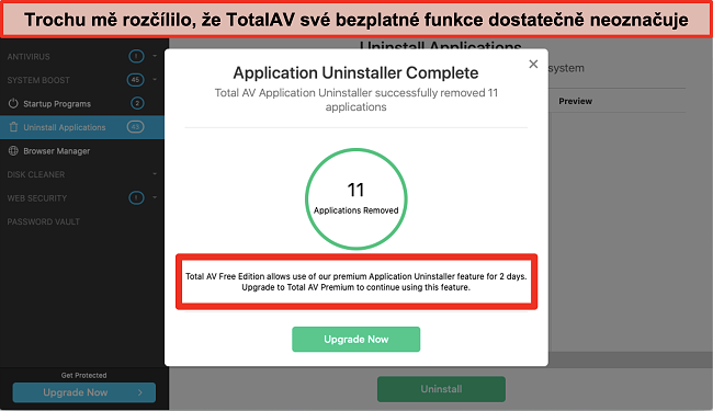 Screenshot pokusu o další prodej aplikace TotalAV Application Uninstaller