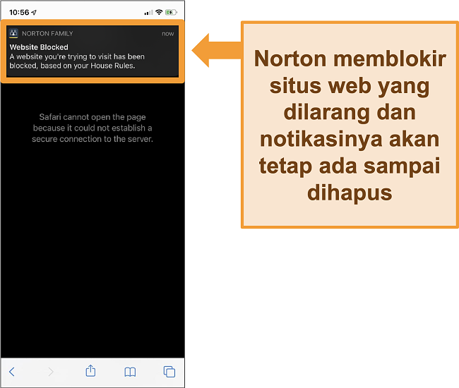 Tangkapan layar antivirus Norton dengan kontrol orang tua yang diaktifkan di iPhone dan memblokir situs web terlarang
