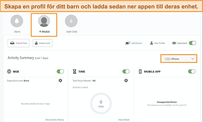 Skärmdump av Norton Family Portal med en barnprofil skapad.