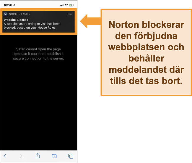 Skärmdump av Norton antivirus med föräldrakontroll aktiverad på iPhone och blockerar förbjudna webbplatser