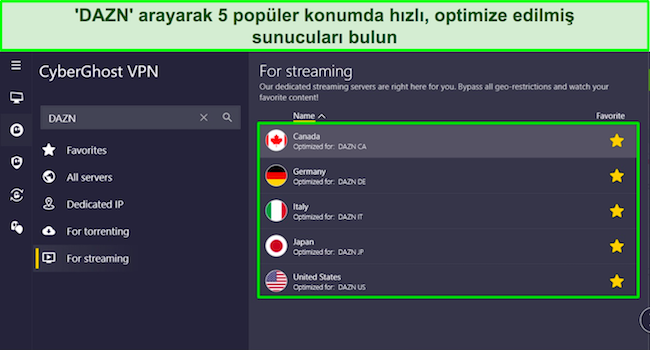 DAZN için optimize edilmiş 5 sunucu konumunu vurgulayan CyberGhost Windows uygulamasının ekran görüntüsü