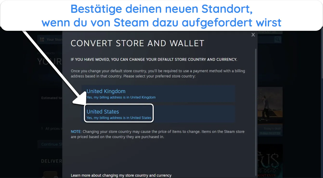 Screenshot von Steam, das den Einkaufswagen aktualisiert, nachdem eine neue Region ausgewählt wurde.