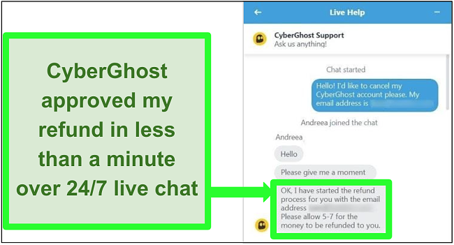 Bir kullanıcının ekran görüntüsü, 30 günlük para iade garantisi ile Canberghost'tan canlı sohbet üzerinden geri ödeme isteyen