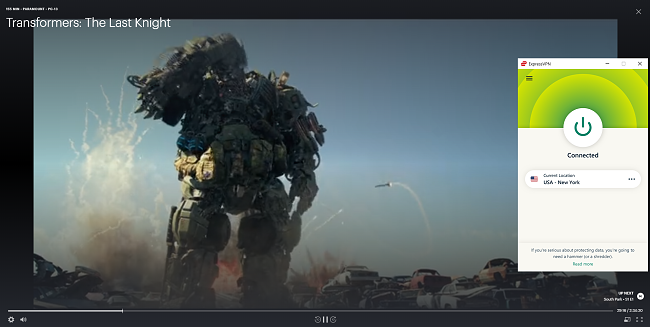 Screenshot of ExpressVPN connected to a US New York server and unblocking the movie Transformers The Last Knight on Hulu