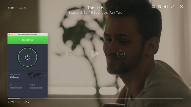 Screenshot of Private Internet Access connecting to a US server and unblocking the show This Is Us on Amazon Prime Video