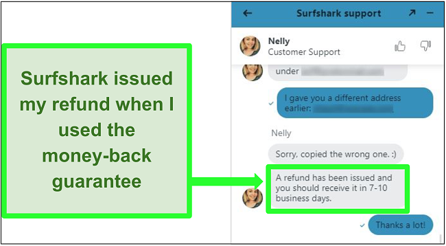 Screenshot of a user successfully requesting a refund from Surfshark over live chat with the 30-day money-back guarantee