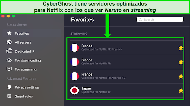 Captura de pantalla de la pestaña Favoritos de CyberGhost que muestra servidores de Netflix optimizados para Francia y Japón