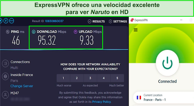 Captura de pantalla del resultado de la prueba de velocidad de ExpressVPN