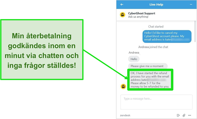 Skärmdump av en användare som framgångsrikt begär återbetalning från CyberGhost via livechatt med 30-dagars pengarna-tillbaka-garanti