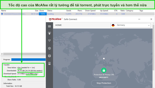 Ảnh chụp màn hình McAfee VPN được kết nối với máy chủ Đức trong khi tải xuống tệp torrent 35GB.