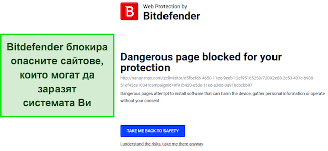 Преглед на Bitdefender, показващ функцията за уеб защита, която активно блокира достъпа до потенциално опасен уебсайт