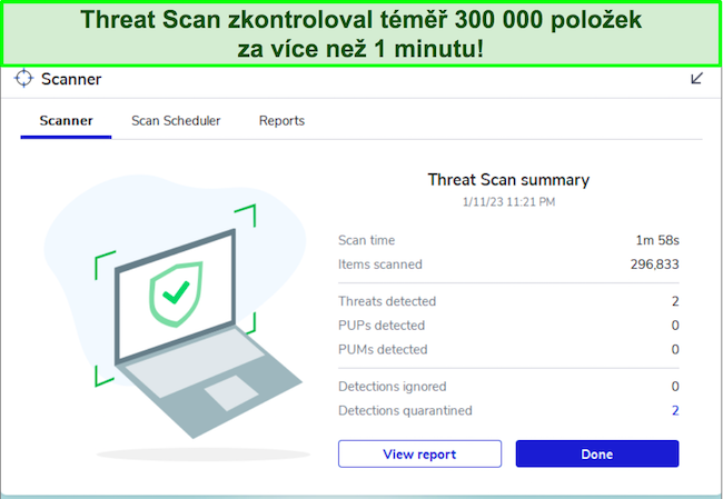 Recenze Malwarebytes zvýrazňující rozhraní funkce Threat Scan.