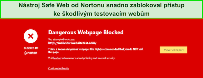 Recenze Norton ukazující bezpečnostní funkci, kde Bezpečný web blokuje přístup k testovacím webům malwaru.