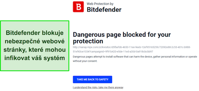 Recenze Bitdefenderu, která předvádí funkci ochrany webu, která aktivně blokuje přístup k potenciálně škodlivým webovým stránkám