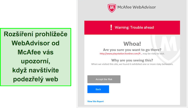 Snímek obrazovky rozhraní rozšíření prohlížeče McAfee WebAdvisor.