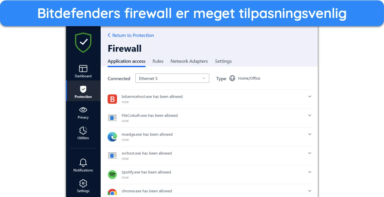 Du kan tilpasse Bitdefenders firewall-indstillinger efter din smag.