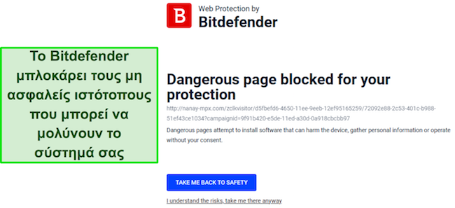 Ανασκόπηση Bitdefender που παρουσιάζει τη δυνατότητα προστασίας ιστού που εμποδίζει ενεργά την πρόσβαση σε έναν δυνητικά επιβλαβή ιστότοπο
