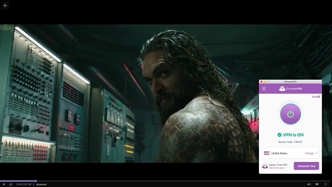 Screenshot of PrivateVPN connecting to a US server and unblocking the movie Aquaman on HBO Max