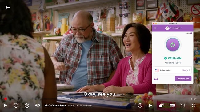 Screenshot of PrivateVPN connecting to a US server and unblocking the show Kim's Convenience on Netflix