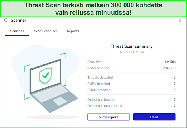 Malwarebytes-arvostelu korostaa Threat Scan -ominaisuuden käyttöliittymää.