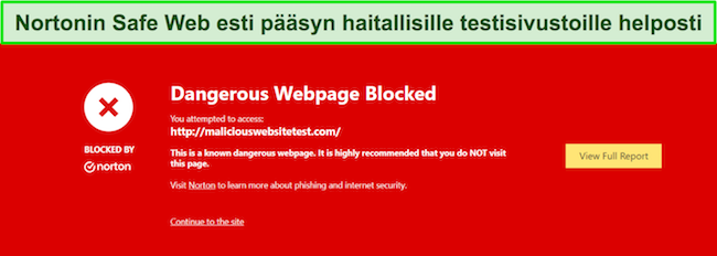 Norton-arvostelu näyttää suojausominaisuuden, jossa Safe Web estää pääsyn haittaohjelmien testisivustoille.