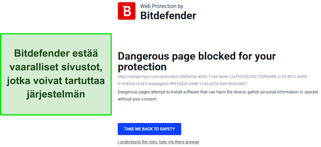 Bitdefender-katsaus esittelee verkkosuojausominaisuuden, joka estää aktiivisesti pääsyn mahdollisesti haitalliselle verkkosivustolle