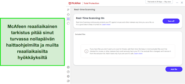 McAfee antivirus -katsaus, joka näyttää reaaliaikaisen tarkistusvalikon englanniksi.