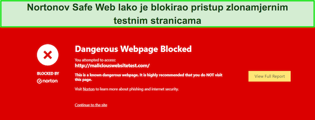 Pregled Nortona koji prikazuje sigurnosnu značajku gdje Safe Web blokira pristup testnim stranicama zlonamjernog softvera.