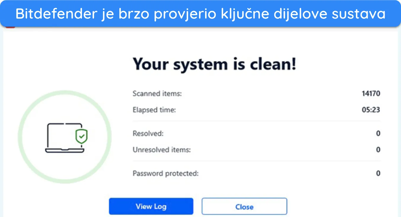 Snimka zaslona koja prikazuje rezultate Bitdefenderovog brzog skeniranja.