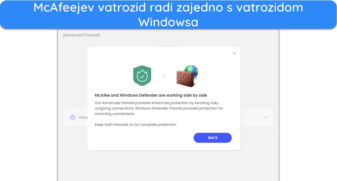 Snimka zaslona koja prikazuje McAfeejev vatrozid kako radi s Windows vatrozidom.