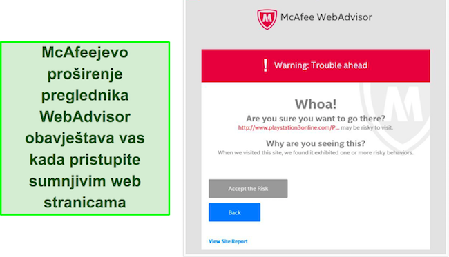 Snimka zaslona sučelja proširenja preglednika McAfee WebAdvisor.