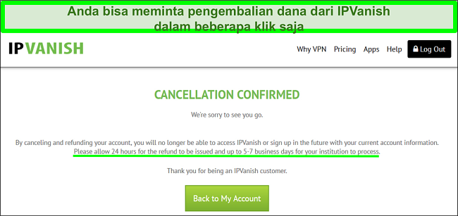 Tangkapan layar pengguna berhasil meminta pengembalian dana dari IPVanish melalui obrolan langsung dengan jaminan uang kembali 30 hari