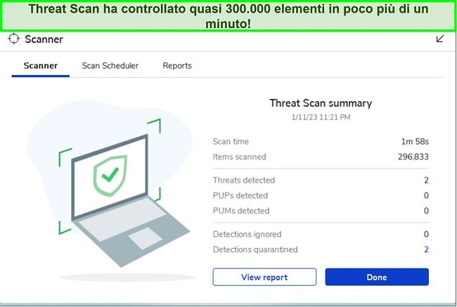 Recensione di Malwarebytes che evidenzia l'interfaccia della funzione Scansione minacce.