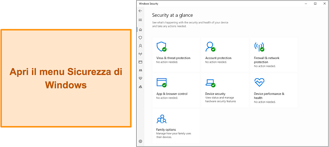 Screenshot del menu principale di Sicurezza di Windows