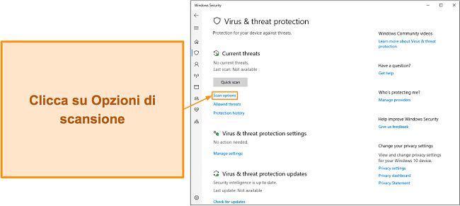 Screenshot che mostra come accedere alle opzioni di scansione di Microsoft Defender