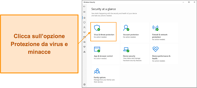 Screenshot che mostra come aprire il menu Protezione da virus e minacce di Microsoft Defender