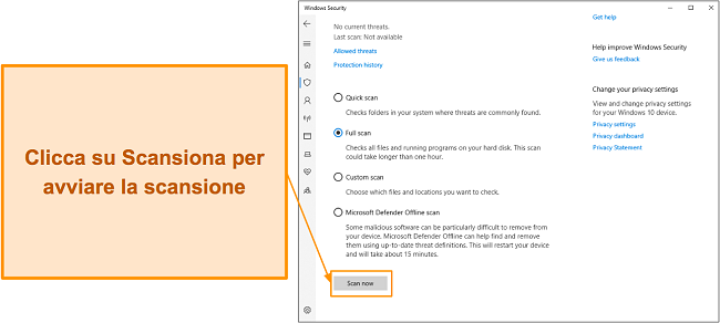 Screenshot che mostra come avviare una scansione con Microsoft Defender