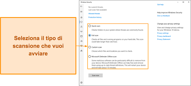 Screenshot dei vari tipi di scansione disponibili di Microsoft Defender