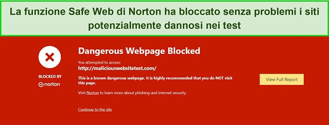 Recensione di Norton che mostra la funzionalità di sicurezza in cui Safe Web blocca l'accesso ai siti di test del malware.