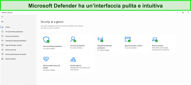 Screenshot del menu principale di Microsoft Defender