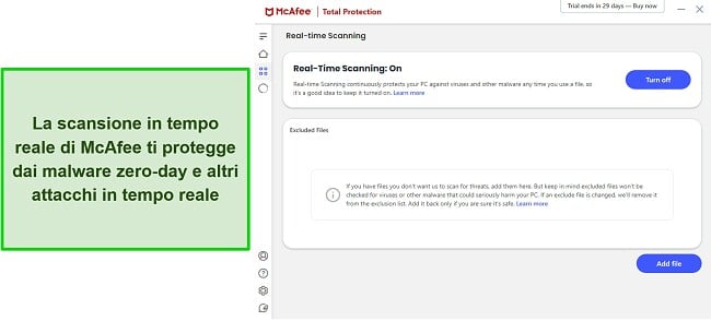 McAfee antivirus review displaying the real-time scanning menu in English.