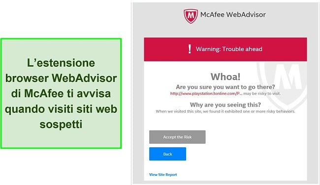 Screenshot dell'interfaccia dell'estensione del browser McAfee WebAdvisor.