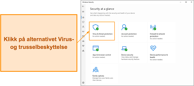 Skjermbilde som viser hvordan du åpner Microsoft Defenders Virus- og trusselbeskyttelsesmeny