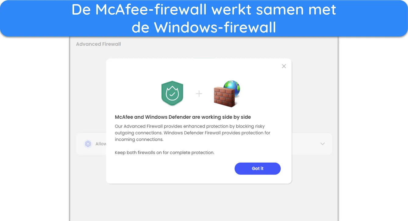 Screenshot met de firewall van McAfee die samenwerkt met de firewall van Windows.