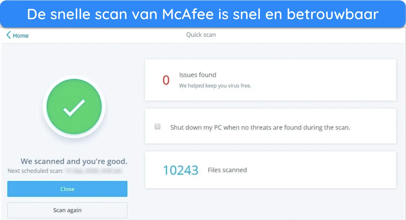 Screenshot met de resultaten van McAfee's Quick Scan.